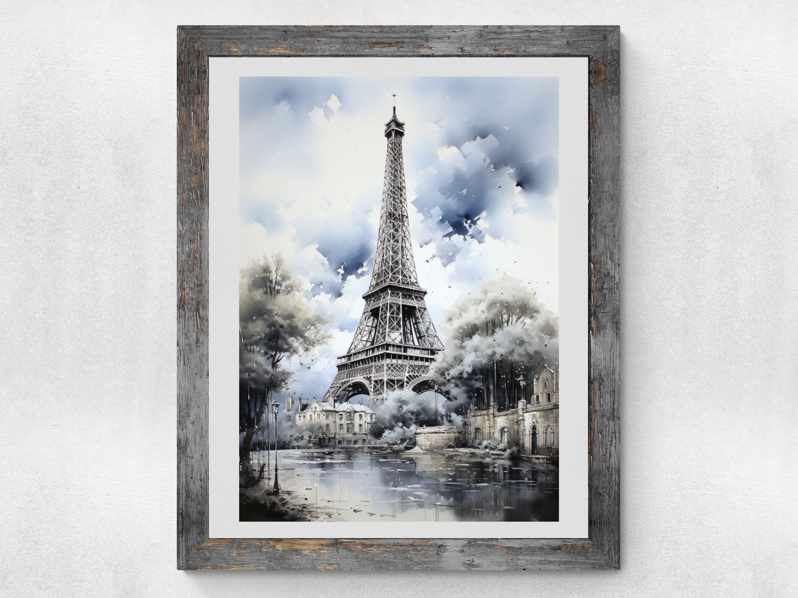 エッフェル塔のインクとアクリル画：パリのセーヌ川の芸術 - Etsy 日本