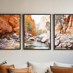 Zion National Park Watercolor Triptych – Southwest Desert Landscape Wall Art, Utah Canyon Decor for Nature Lovers