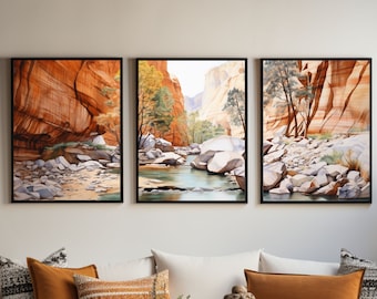 Hiking the Narrows Watercolor | Zion National Park  | Travels in Utah | Triptych Set of 3 Prints | Scenic View