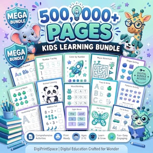 Peut inclure: Un ensemble d'apprentissage numérique pour enfants comprenant plus de 500 000 pages d'activités éducatives. Le graphique présente des feuilles de travail pour l'écriture, les chiffres, le coloriage, les labyrinthes et les mots.