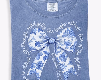 Coquette Christian Comfort Colors Shirt, Blue Toile Bow Bible Verse Shirt, Trendy Christian Apparel Gift for Mom, Religious Shirt for Church