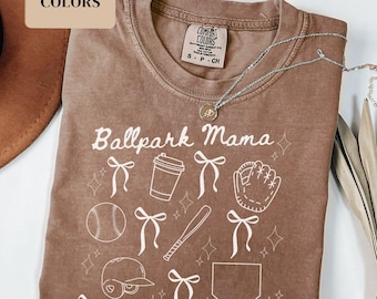Custom Softball Baseball Mom Shirt, Comfort Colors Personalized Ballpark Mama T-Shirt with Kids Name, Coquette Bow Softball Mama Gift