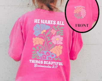 Vintage Floral Kids Christian Shirt, Comfort Colors Religious Toddler Shirt,  Retro Christian Shirt for Kids Back Print, Religious Kids Tee
