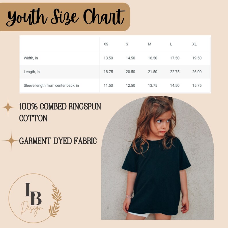 May include: Youth size chart for a t-shirt with measurements in inches for width, length, and sleeve length from center back. The chart shows sizes XS, S, M, L, and XL. The text "100% Combed Ringspun Cotton Garment Dyed Fabric" is also included.