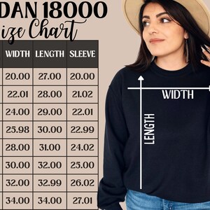 May include: Size chart for Gildan 18000 sweatshirts, showing measurements in inches for width, length, and sleeve length for sizes S through 5XL.