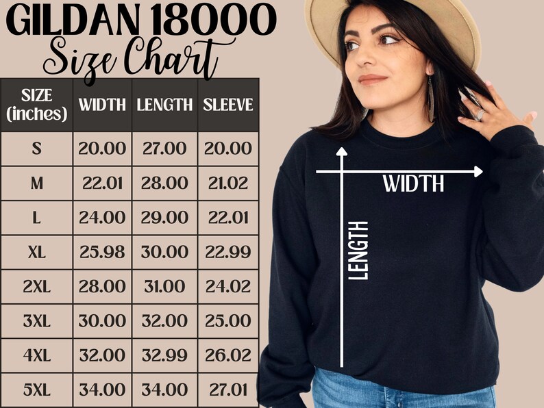 May include: Size chart for Gildan 18000 sweatshirts, showing measurements in inches for width, length, and sleeve length for sizes S through 5XL.