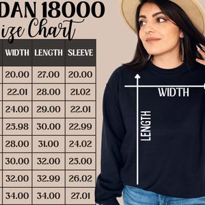 May include: A size chart for Gildan 18000 sweatshirts, showing measurements in inches for width, length, and sleeve length for sizes S through 5XL.