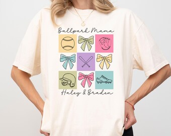 Custom Softball Baseball Mom Shirt, Comfort Colors Personalized Ballpark Mama T-Shirt with Kids Name, Coquette Bow Softball Mama Gift