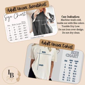 May include: Size chart for unisex sweatshirts and t-shirts. The chart shows the width and length measurements in inches for sizes S through 3XL. The chart also includes care instructions for the garments.