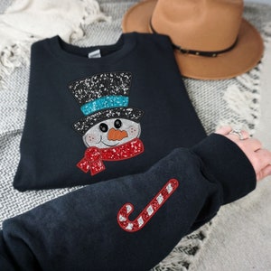 Christmas Sweatshirt Snowman, Sleeve Cuff Print, Faux Sequin Christmas Sweatshirt, Sparkly Christmas Crewneck, Glitter Christmas Sweater
