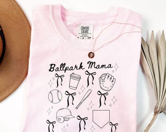 Custom Softball Baseball Mom Shirt, Comfort Colors Personalized Ballpark Mama T-Shirt with Kids Name, Coquette Bow Softball Mama Gift