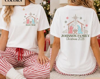 Christian Family Christmas Pajama Shirts, Comfort Colors 2026 Christmas Crew Tshirts, Matching Family Christmas PJ T-Shirts, Nativity Scene