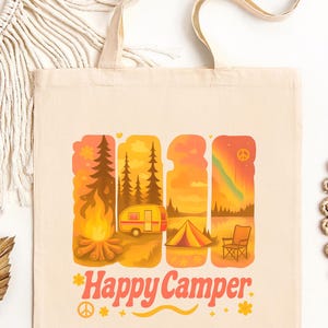 Happy Camper Cotton Canvas Tote Bag, Eco-Friendly Bag, Camping Gift, Outdoor Adventure, Happy Camper bag,Retro Camping bag,Gift for rv lover