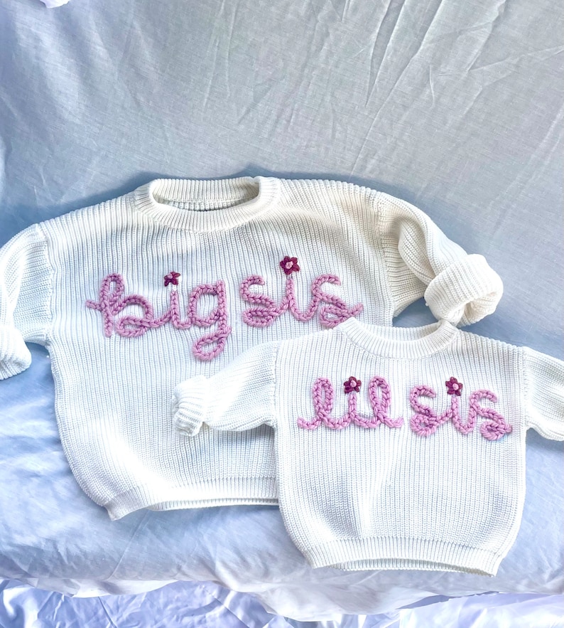 Hand stitched “big sis” “big bro” sweater | baby sweater | toddler sweater | big sister or brother outfit | baby announcement | personalized | matching
