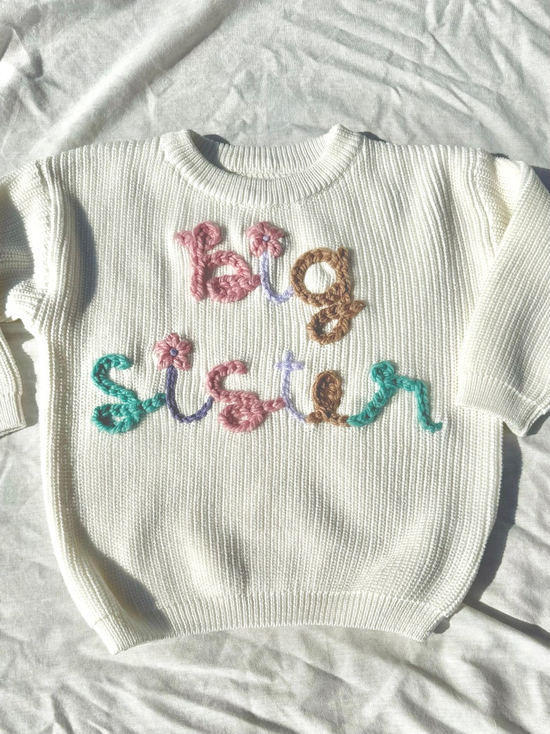 Hand stitched “big sis” “big bro” sweater | baby sweater | toddler sweater | big sister or brother outfit | baby announcement | personalized | sibling sweaters