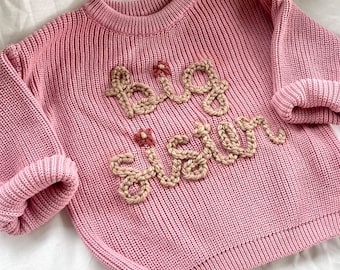 Handgestikte “big sis” “big bro” trui | babytrui | peutertrui | grote zus of broer outfit | babyaankondiging | gepersonaliseerd