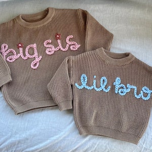 Hand stitched “big sis” “big bro” sweater | baby sweater | toddler sweater | big sister or brother outfit | baby announcement | personalized | matching