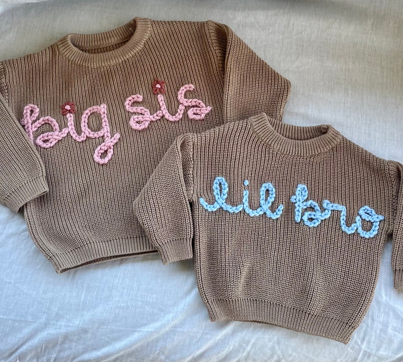 Hand stitched “big sis” “big bro” sweater | baby sweater | toddler sweater | big sister or brother outfit | baby announcement | personalized | matching