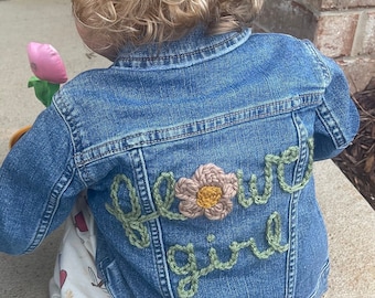 Hand stitched jean jacket | denim jacket | toddler jacket | big sister or brother outfit | baby announcement | flower girl | personalized