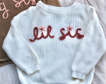 Hand stitched “lil sis” “lil bro” sweater for baby or toddler | little sister or brother outfit | baby announcement | personalized gift