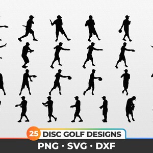 Op de afbeelding: Een set van 25 zwarte silhouetontwerpen van discgolfers in verschillende poses. De ontwerpen zijn perfect voor het maken van aangepaste T-shirts, mokken, stickers en andere knutselprojecten. De tekst "25 DISC GOLF DESIGNS" staat onderaan de afbeelding. De tekst "PNG - SVG - DXF" staat onder de eerste tekst.