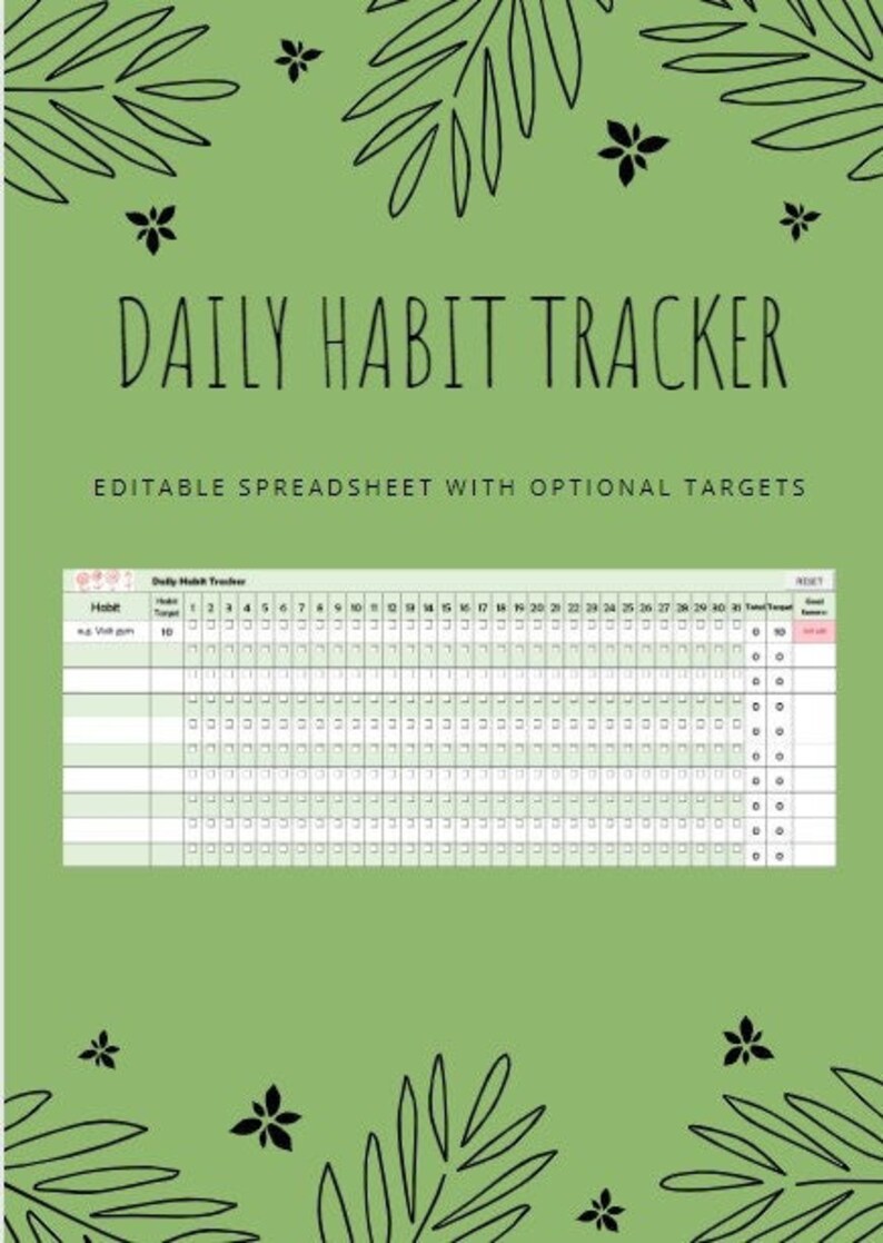 Daily Habit Tracker Excel Spreadsheet With Optional Targets Etsy Ireland