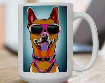 Smiling Dog with Sunglasses Graphic Ceramic Mug 15oz,funny dog mug,dog lover mug,dog lover gift,happy dog,mug for dog lover,funny dog gift