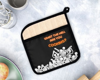 What the Hell Are You Cooking Funny Skeleton Pot Holder with Pocket,funny potholder,skeleton potholder,hell,dead,death,chef gift,hot pad