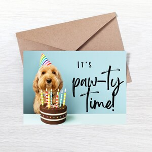 Cartão de aniversário de cachorro, cartão de aniversário de filhote de cachorro, tempo Pawty, chapéu de aniversário, cartão de aniversário digital, cartão de aniversário imprimível, cartão para ele/ela