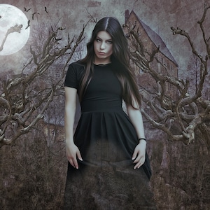 May include: A woman in a black dress stands in front of a spooky, gothic-style background. The scene includes a full moon, bare trees, and a building. The image has a dark, mysterious, and gothic theme.