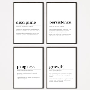 Puede incluir: Cuatro impresiones de arte de pared imprimibles en blanco y negro con las definiciones de las palabras 'disciplina', 'persistencia', 'progreso' y 'crecimiento'.