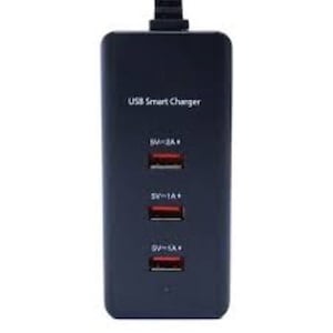 May include: A black USB smart charger with four ports. The ports are labelled with the output voltage and amperage: 5V/1A, 5V/2.4A, and 5V/3A.