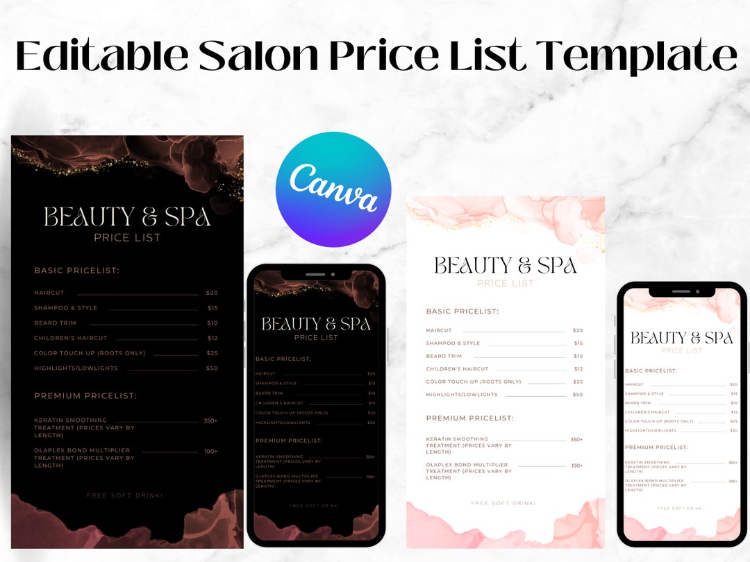 Digital Price List Beauty Price List Printable Price List Aesthetic