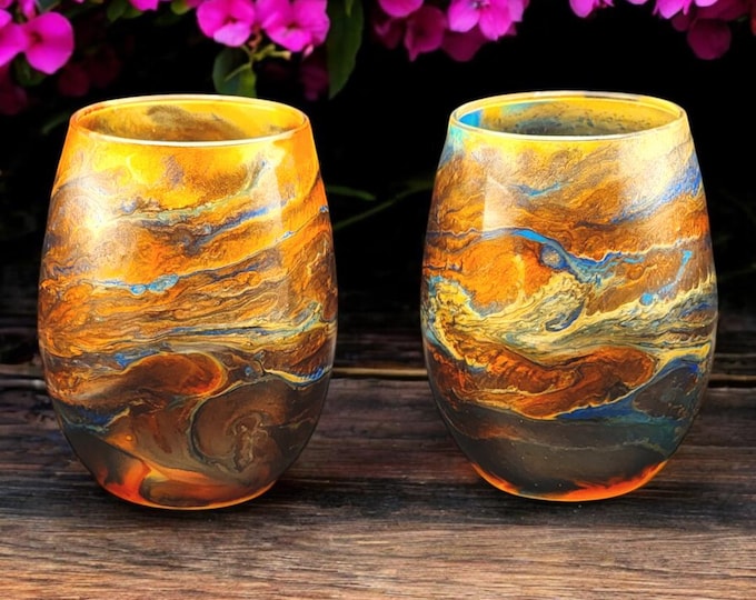 RARE l Bronze and Blue Stemless Wine Set l Handcrafted
