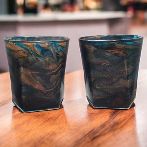 Rare/Steel Blue and Copper/Bourbon Rocks/ Whiskey Glass Set