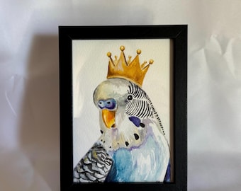 鳥の絵画 / オリジナル油絵の版画 / セキセイインコ / 止まり木に