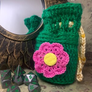 Dice Bag - Green Flower Patch Pouch - DND Dice Bag - Crochet Bag
