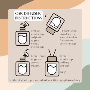 K&ouml;nnte beinhalten: Anleitung zur Verwendung eines Autodiffusors. Das Bild zeigt eine Flasche mit einem Holzdeckel und einem Plastikstopfen. Die Anweisungen umfassen das Entfernen des Deckels und des Stopfens, das Umkippen der Flasche, damit der Duft in den Deckel eindringen kann, das Ersetzen des Plastikstopfens, um ein Auslaufen zu verhindern, und das Ersetzen des Holzdeckels und das Aufh&auml;ngen des Diffusors im Auto.