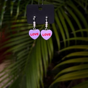 Valentine Conversation Heart Earrings | Valentines Day Earrings | Handmade Earrings | Acrylic Earrings | Hug Me Sweetheart Be Mine Beads