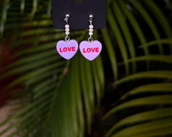 Valentine Conversation Heart Earrings | Valentines Day Earrings | Handmade Earrings | Acrylic Earrings | Hug Me Sweetheart Be Mine Beads