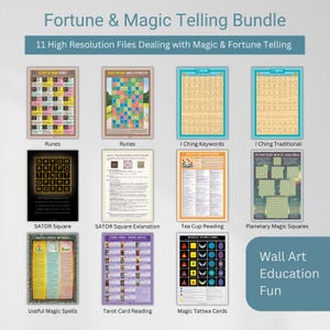 May include: A digital download bundle of 11 high-resolution printable images related to fortune telling and magic. The images include runes, I Ching symbols, tarot cards, magic squares, and more. The images are colourful and feature a variety of designs.