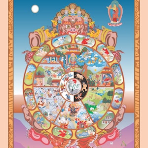 May include: A colorful illustration of the Wheel of Existence, a Buddhist concept representing the cycle of birth, death, and rebirth. The wheel is surrounded by a deity with multiple heads and arms, and a figure in the upper right corner. The wheel is divided into sections depicting different realms of existence, including heaven, hell, and the human realm.