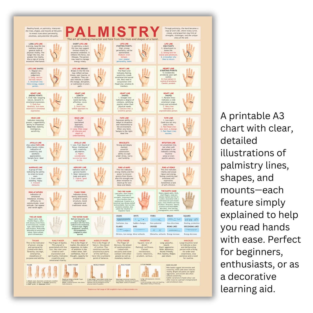 Palmistry Chart: Hand Reading Guide - Lines, Shapes, Mounts (digital ...