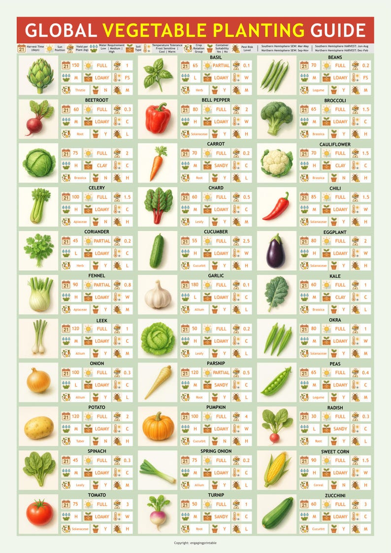 May include: A detailed vegetable planting guide with illustrations of various vegetables, including beets, carrots, and tomatoes. The chart provides information on planting times, soil types, and sunlight requirements for each vegetable.