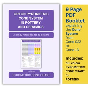 Puede incluir: Un folleto blanco con texto: "ORTON PYROMETRIC CONE SYSTEM IN POTTERY AND CERAMICS." Incluye una tabla de conos pirométricos y un folleto PDF de 9 páginas que explica el sistema de conos del cono 022 al cono 13. Para alfareros.