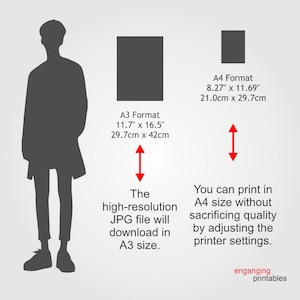 May include: An illustration showing the size comparison of A3 and A4 format prints. The A3 format is 11.7" x 16.5" (29.7cm x 42cm), and the A4 format is 8.27" x 11.69" (21.0cm x 29.7cm). Text indicates the high-resolution JPG file downloads in A3 size.