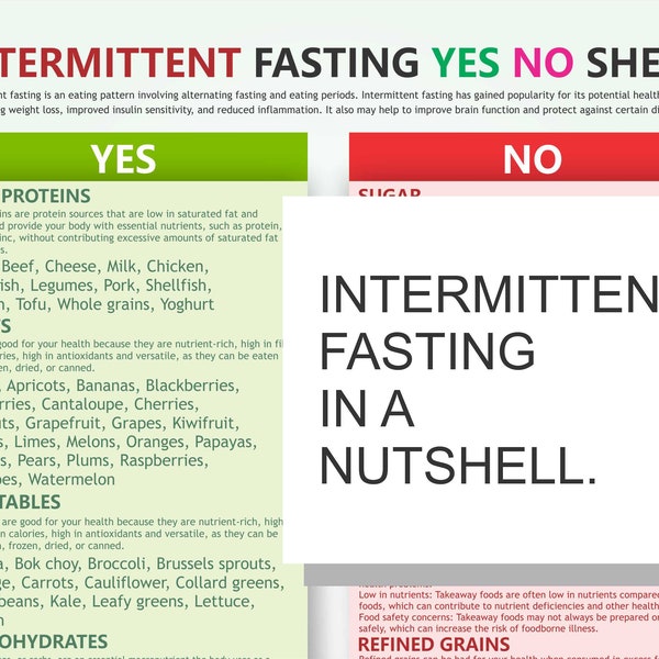 INTERMITTENT Fasting Diet Foods, yes no sheet,  digital PDF download, A4 poster, lose weight, feel better