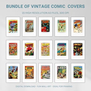 May include: A set of 15 vintage comic book covers featuring characters such as The Flash, The Joker, and Captain Atom. The covers are in a variety of colours and feature illustrations of superheroes and villains.