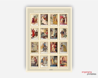 May include: A vintage poster featuring illustrations from Shakespeare's plays. The poster has a cream background with a title at the top that reads "Tales from Shakespeare". The poster is divided into 16 squares, each containing a different illustration from a Shakespeare play. The illustrations are in a vintage style and are colorful.