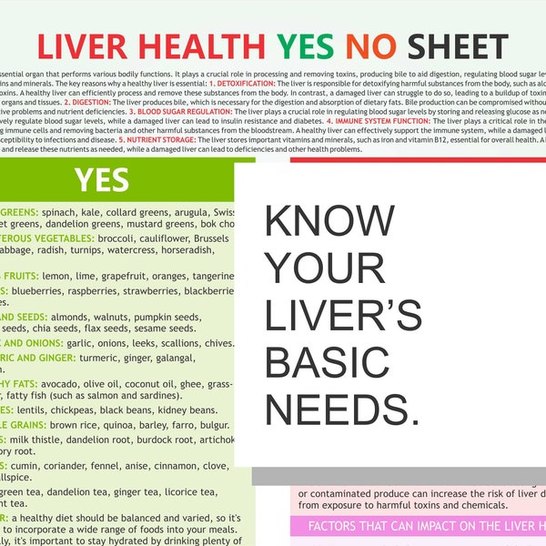 Liver Health YES and NO Sheet, digital download, which foods are good for your heart and which are disasterous.